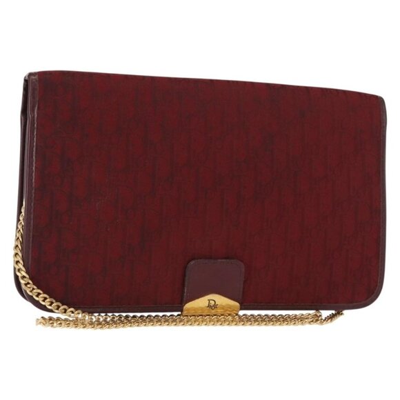 Authentic Christian Dior Trotter Canvas Chain Shoulder Bag Red Gold